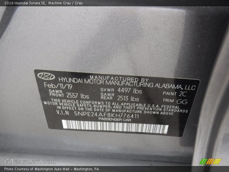Machine Gray / Gray 2019 Hyundai Sonata SE