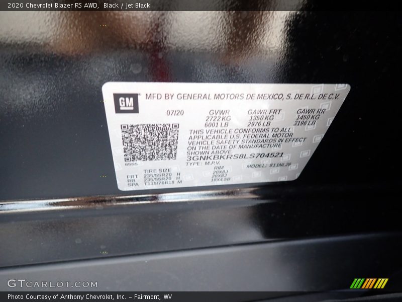 Black / Jet Black 2020 Chevrolet Blazer RS AWD
