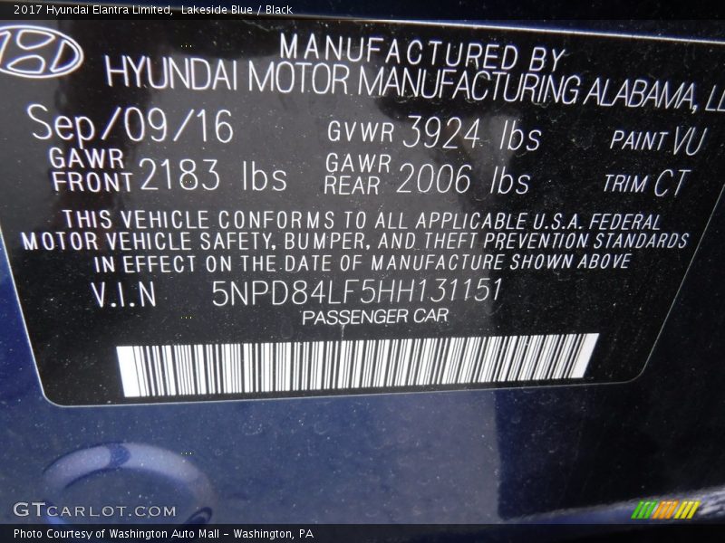 Lakeside Blue / Black 2017 Hyundai Elantra Limited