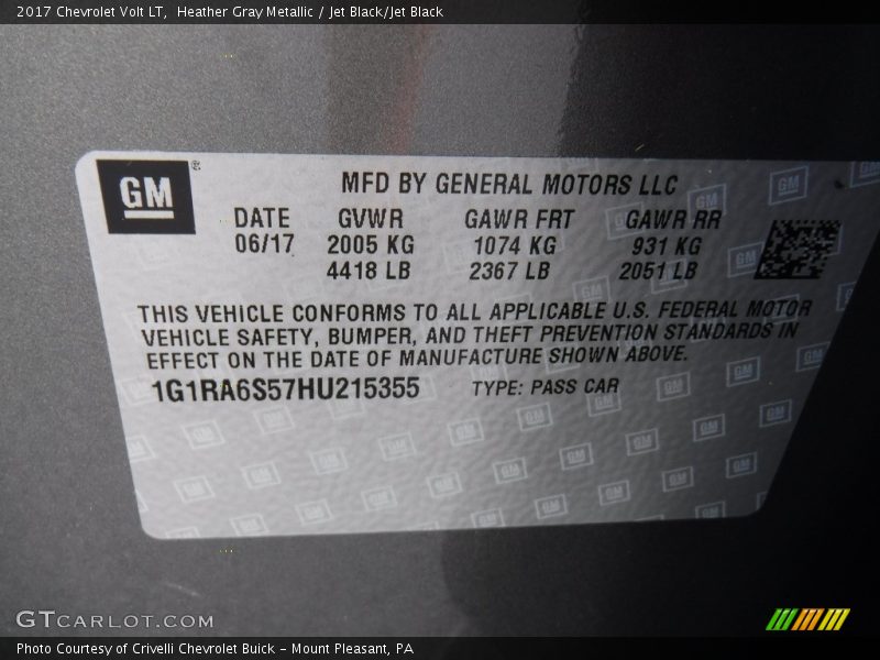Heather Gray Metallic / Jet Black/Jet Black 2017 Chevrolet Volt LT