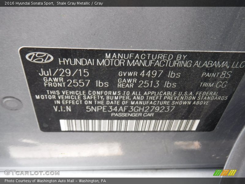 Shale Gray Metallic / Gray 2016 Hyundai Sonata Sport