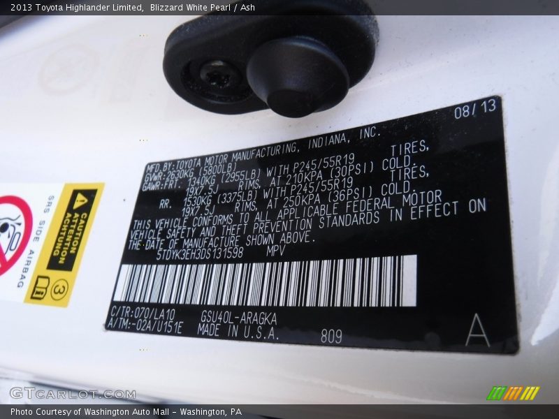 Blizzard White Pearl / Ash 2013 Toyota Highlander Limited