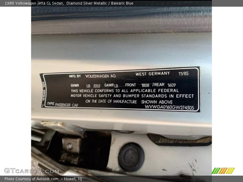 Info Tag of 1986 Jetta GL Sedan