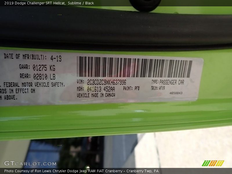2019 Challenger SRT Hellcat Sublime Color Code PFB