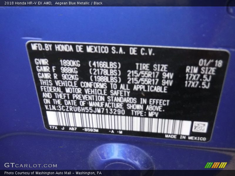 Aegean Blue Metallic / Black 2018 Honda HR-V EX AWD