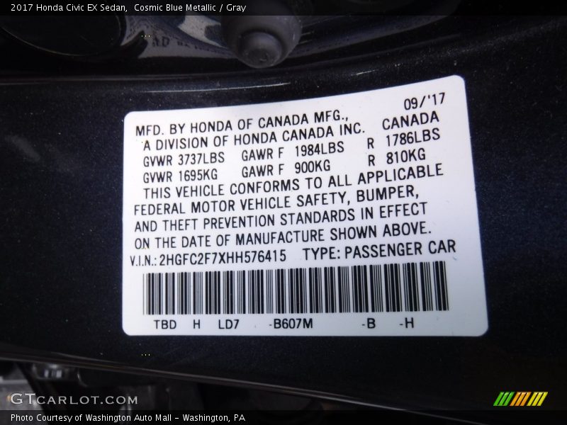 Cosmic Blue Metallic / Gray 2017 Honda Civic EX Sedan