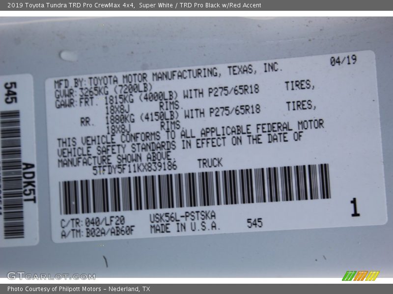 Super White / TRD Pro Black w/Red Accent 2019 Toyota Tundra TRD Pro CrewMax 4x4