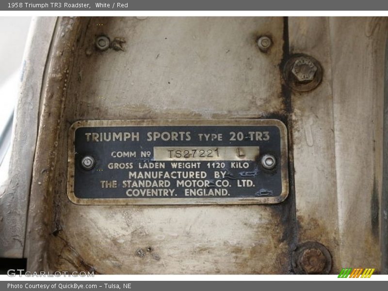 Info Tag of 1958 TR3 Roadster