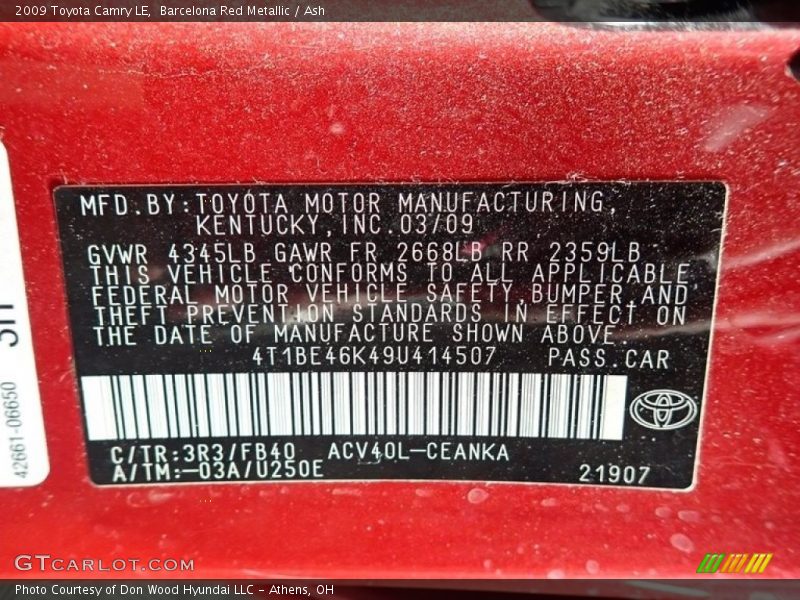 Barcelona Red Metallic / Ash 2009 Toyota Camry LE