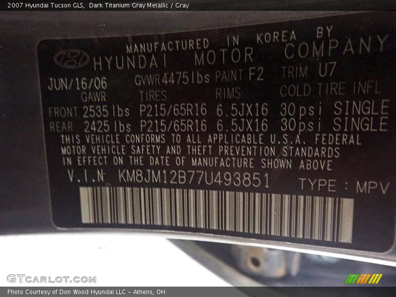 Dark Titanium Gray Metallic / Gray 2007 Hyundai Tucson GLS