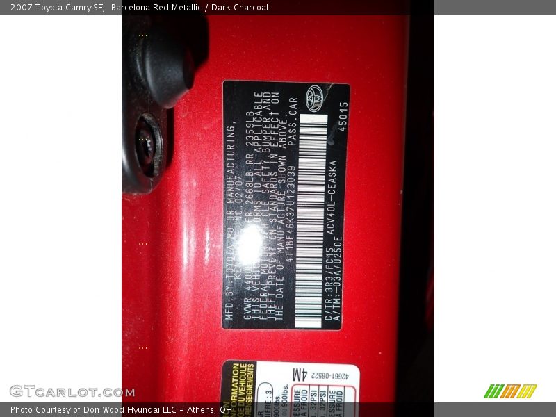 Barcelona Red Metallic / Dark Charcoal 2007 Toyota Camry SE
