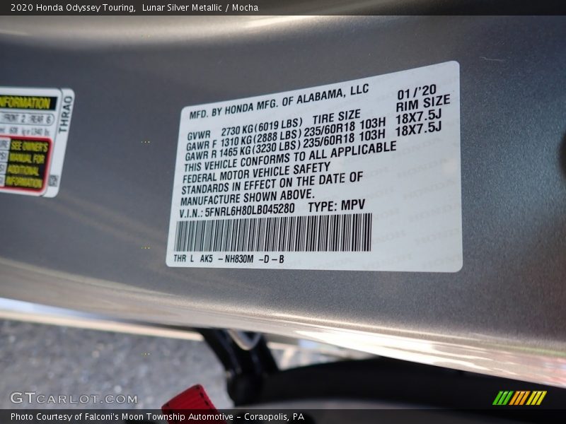 Lunar Silver Metallic / Mocha 2020 Honda Odyssey Touring