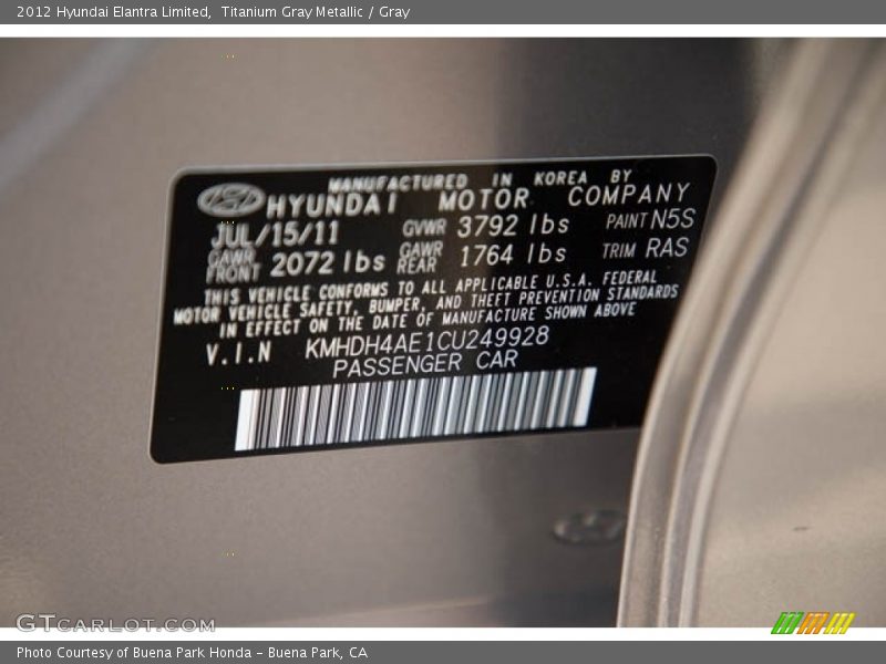 Titanium Gray Metallic / Gray 2012 Hyundai Elantra Limited