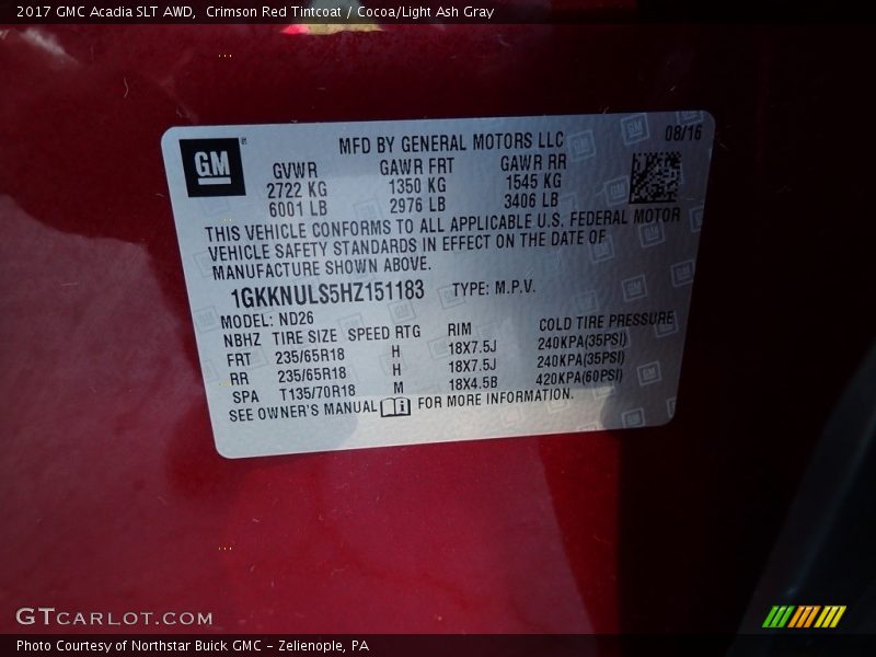Crimson Red Tintcoat / Cocoa/Light Ash Gray 2017 GMC Acadia SLT AWD