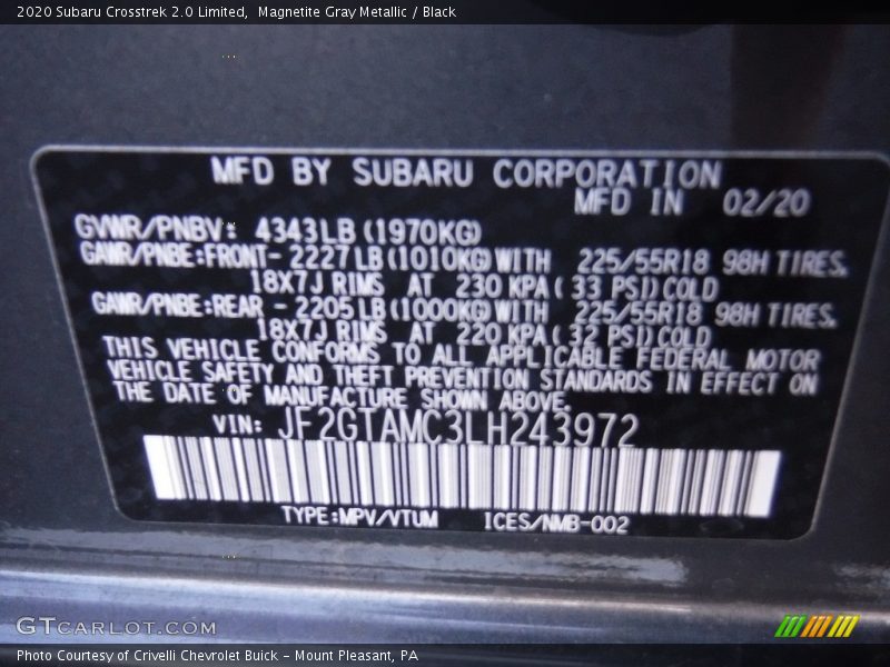Magnetite Gray Metallic / Black 2020 Subaru Crosstrek 2.0 Limited