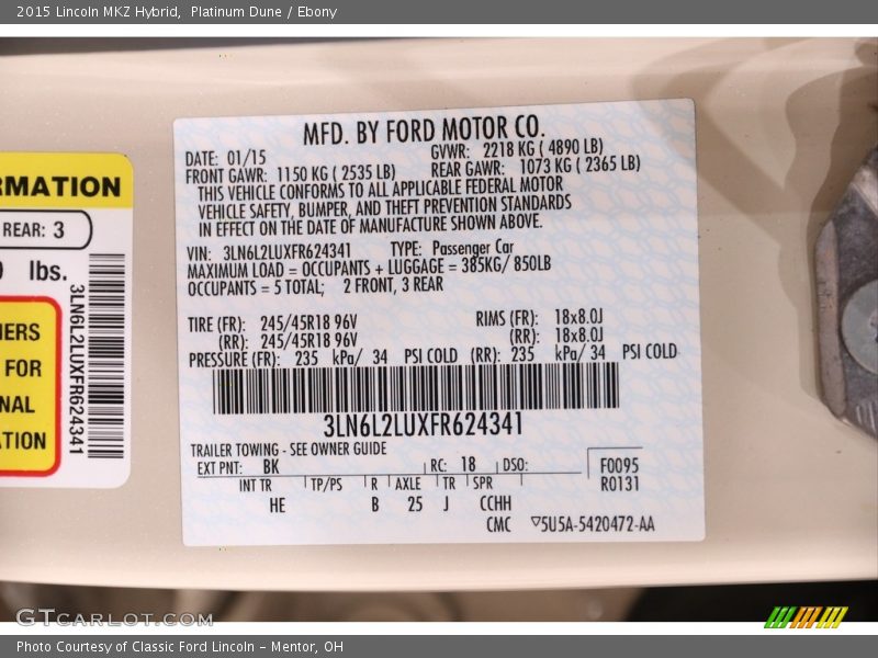 Platinum Dune / Ebony 2015 Lincoln MKZ Hybrid
