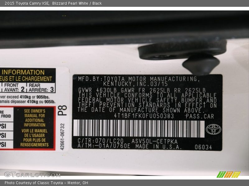 2015 Camry XSE Blizzard Pearl White Color Code 070