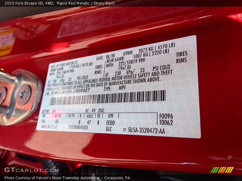 2020 Escape SEL 4WD Rapid Red Metallic Color Code D4