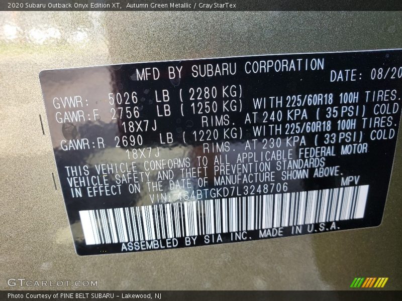 Autumn Green Metallic / Gray StarTex 2020 Subaru Outback Onyx Edition XT