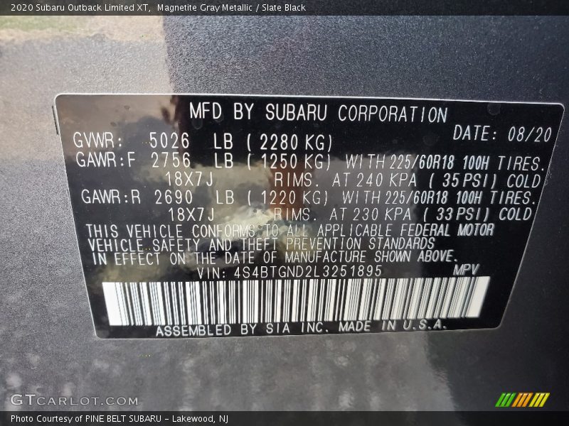 Magnetite Gray Metallic / Slate Black 2020 Subaru Outback Limited XT
