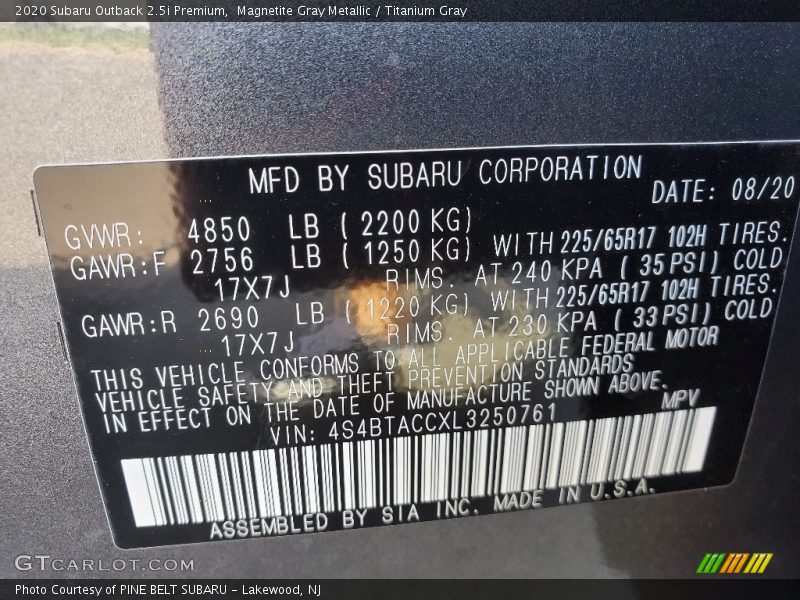 Magnetite Gray Metallic / Titanium Gray 2020 Subaru Outback 2.5i Premium