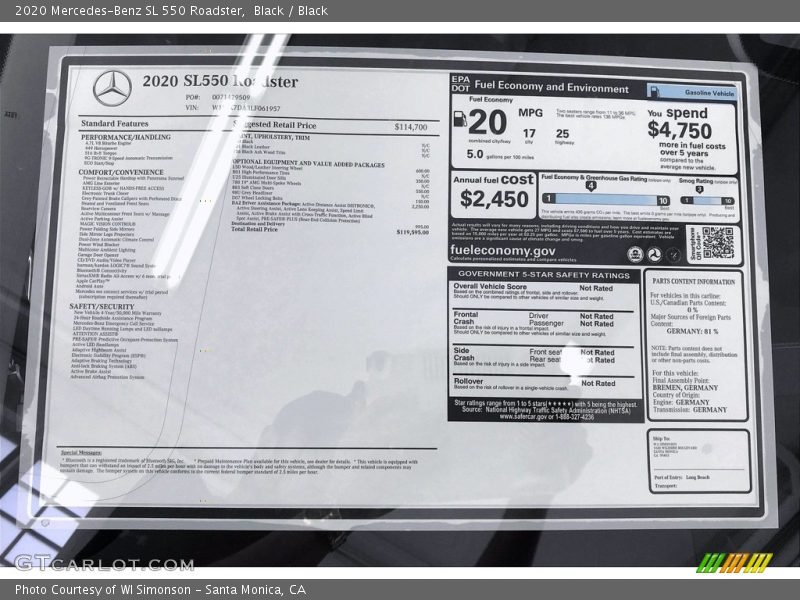  2020 SL 550 Roadster Window Sticker