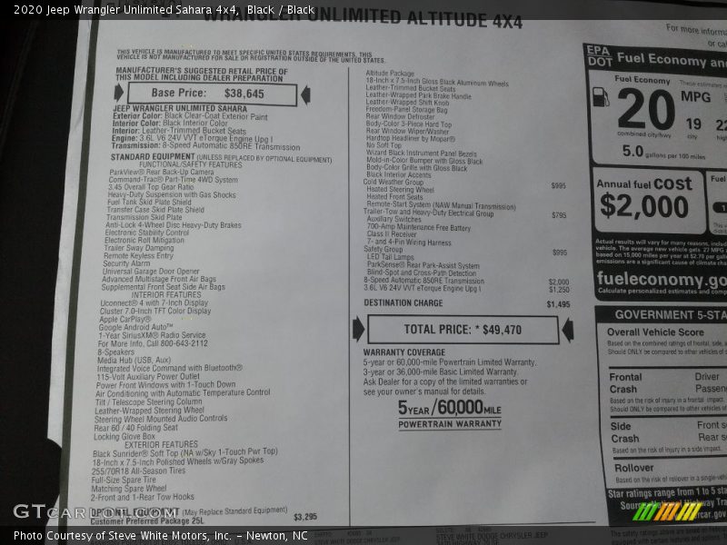  2020 Wrangler Unlimited Sahara 4x4 Window Sticker