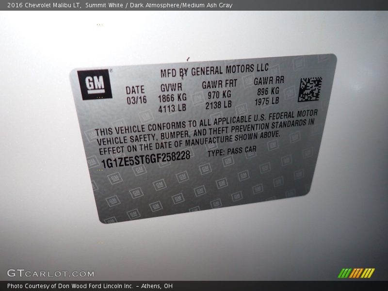 Summit White / Dark Atmosphere/Medium Ash Gray 2016 Chevrolet Malibu LT
