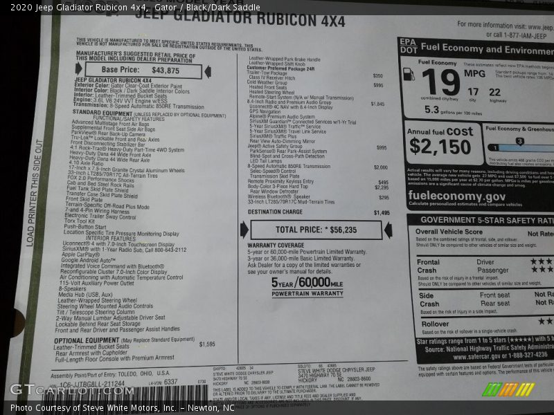  2020 Gladiator Rubicon 4x4 Window Sticker