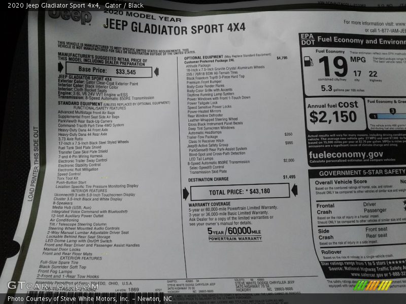  2020 Gladiator Sport 4x4 Window Sticker