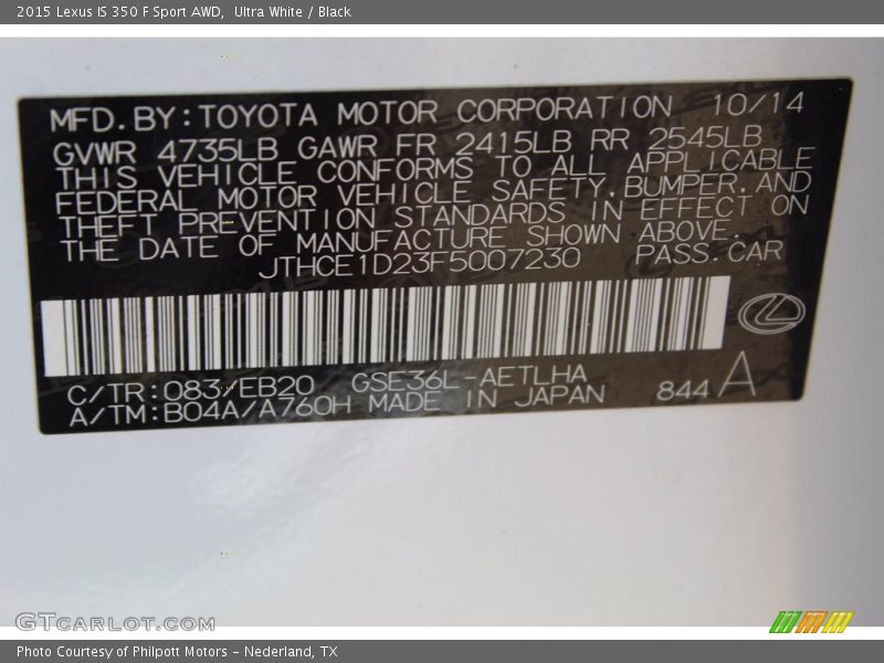 2015 IS 350 F Sport AWD Ultra White Color Code 083