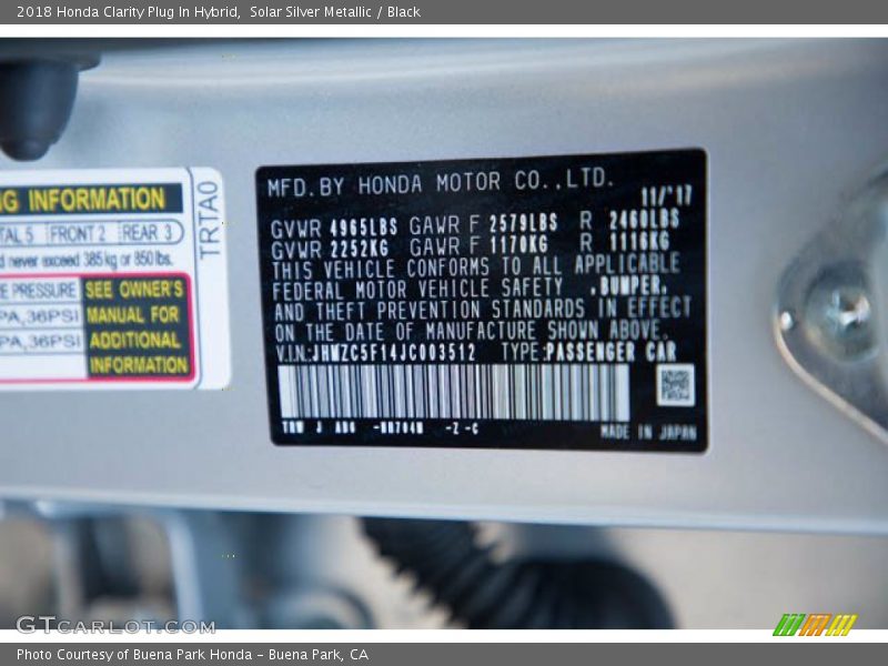 Solar Silver Metallic / Black 2018 Honda Clarity Plug In Hybrid