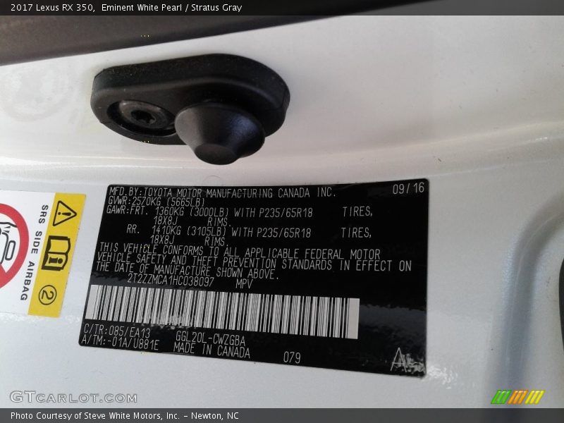 2017 RX 350 Eminent White Pearl Color Code 085