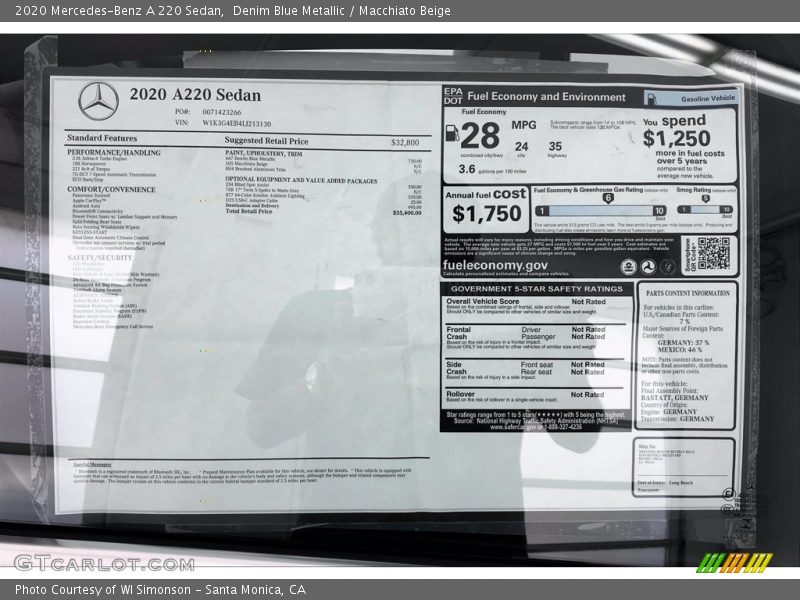  2020 A 220 Sedan Window Sticker