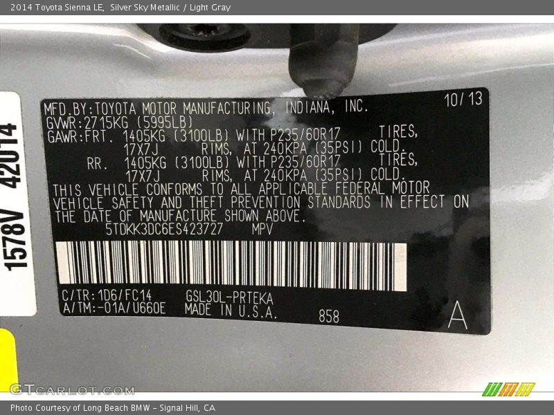 Silver Sky Metallic / Light Gray 2014 Toyota Sienna LE