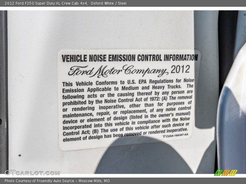 Info Tag of 2012 F350 Super Duty XL Crew Cab 4x4