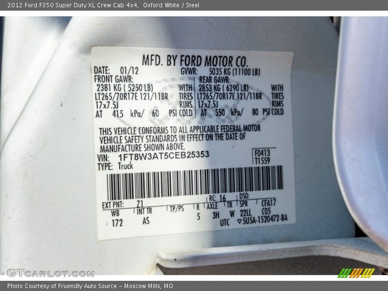 2012 F350 Super Duty XL Crew Cab 4x4 Oxford White Color Code Z1