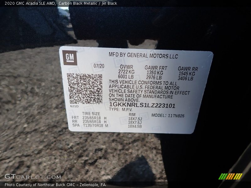Carbon Black Metallic / Jet Black 2020 GMC Acadia SLE AWD