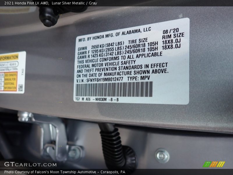 2021 Pilot LX AWD Lunar Silver Metallic Color Code NH830M