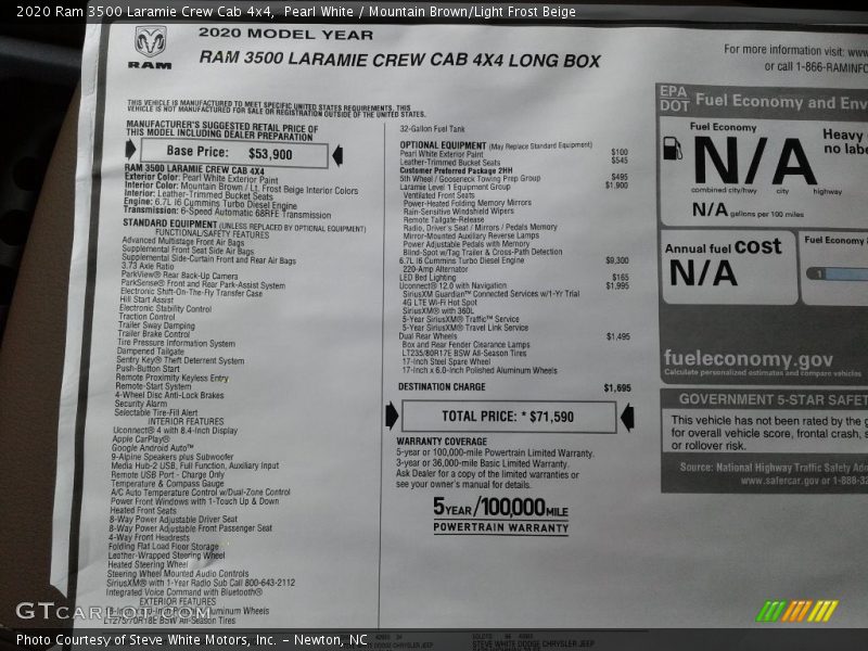Pearl White / Mountain Brown/Light Frost Beige 2020 Ram 3500 Laramie Crew Cab 4x4