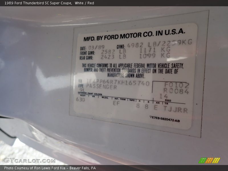 White / Red 1989 Ford Thunderbird SC Super Coupe