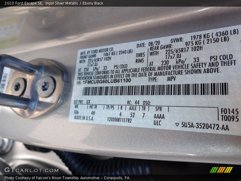 2020 Escape SE Ingot Silver Metallic Color Code UX