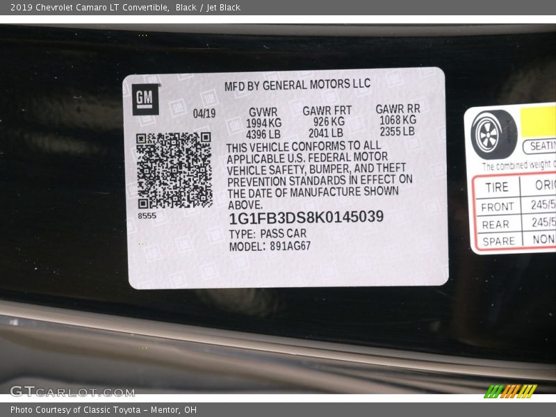 Black / Jet Black 2019 Chevrolet Camaro LT Convertible