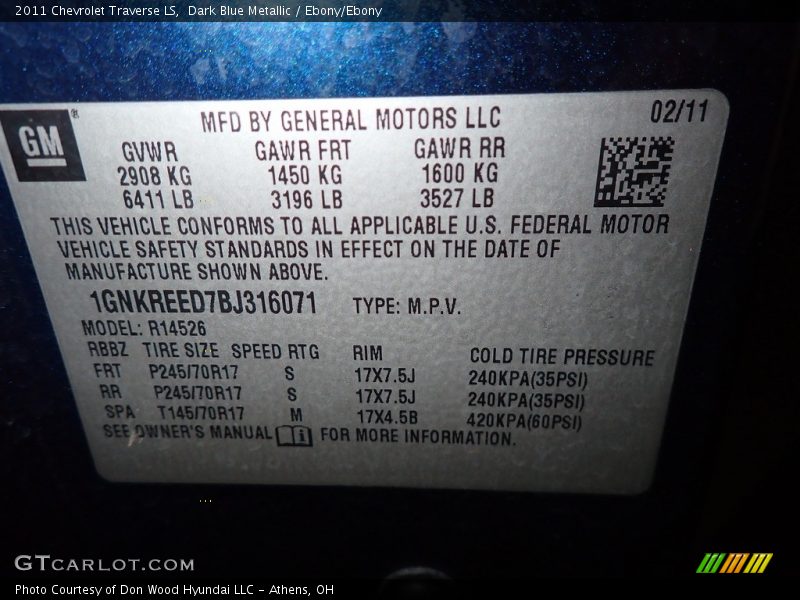 Dark Blue Metallic / Ebony/Ebony 2011 Chevrolet Traverse LS