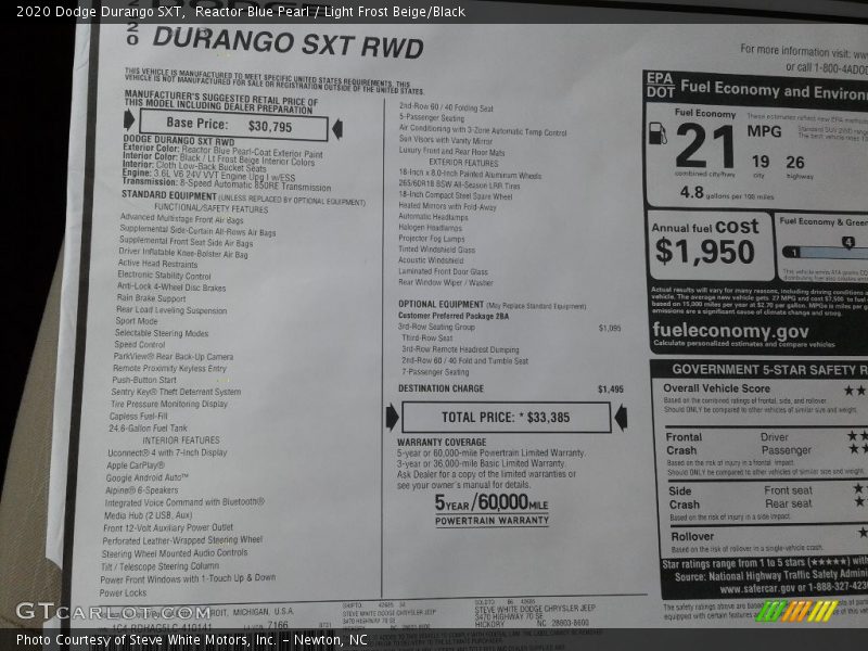 Reactor Blue Pearl / Light Frost Beige/Black 2020 Dodge Durango SXT