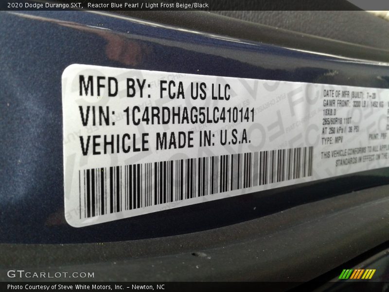 Reactor Blue Pearl / Light Frost Beige/Black 2020 Dodge Durango SXT
