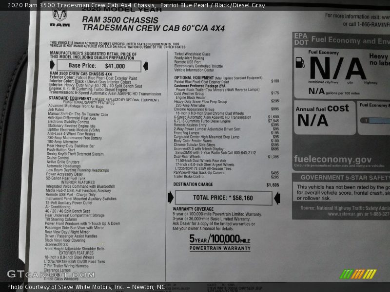 Patriot Blue Pearl / Black/Diesel Gray 2020 Ram 3500 Tradesman Crew Cab 4x4 Chassis