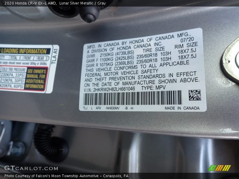 Lunar Silver Metallic / Gray 2020 Honda CR-V EX-L AWD