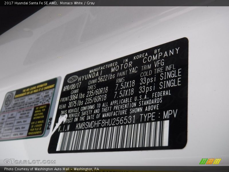 Monaco White / Gray 2017 Hyundai Santa Fe SE AWD