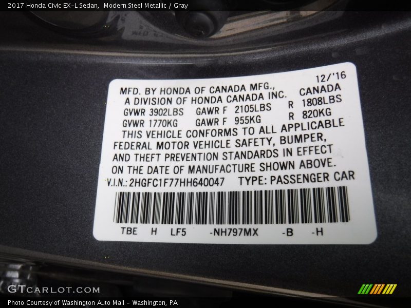Modern Steel Metallic / Gray 2017 Honda Civic EX-L Sedan